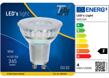 1 STÜCK (VPE) SHADA LED Spot GU10 345lm 4W, Warmweiss 2700K, MR16 klar, dimmbar, EEC: F (600164)